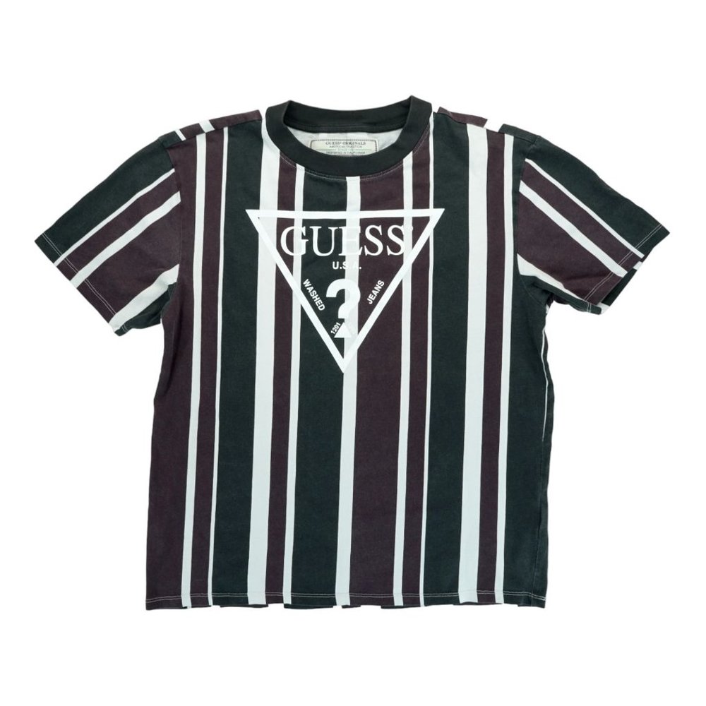 Guess Originals Shirt Men's Small Red Black Vertical Striped Faded Short Sleeve - Picture 1 of 5